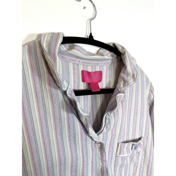 Victorias Secret Pink Womens M Button Down Shirt Pajama Top Striped Long Sleeve - Picture 8 of 8